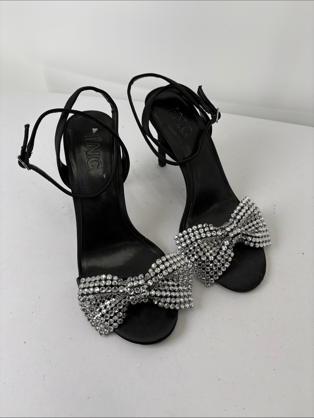 🪺 INC  Black satin Slingback Heels with large Rhinestone Bow ankle straps